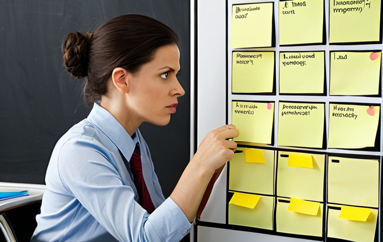 **
A person sitting at a desk, using a visually appealing Eisenhower Matrix (urgent/important grid). Sticky notes with various tasks are placed in the different quadrants (urgent & important, important but not urgent, urgent but not important, neither). The person looks calm and in control, prioritizing their tasks. Perhaps a subtle "Pareto Principle" (80/20) visual representation is in the background, suggesting focusing on the high-impact tasks. The overall feeling is organized and empowered.
**